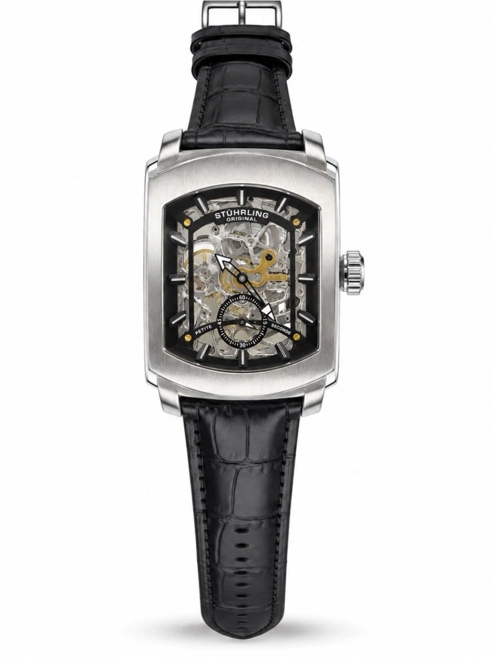 Stuhrling Original Silver Case Black Strap Skeleton Dial Watch with Gold Accents